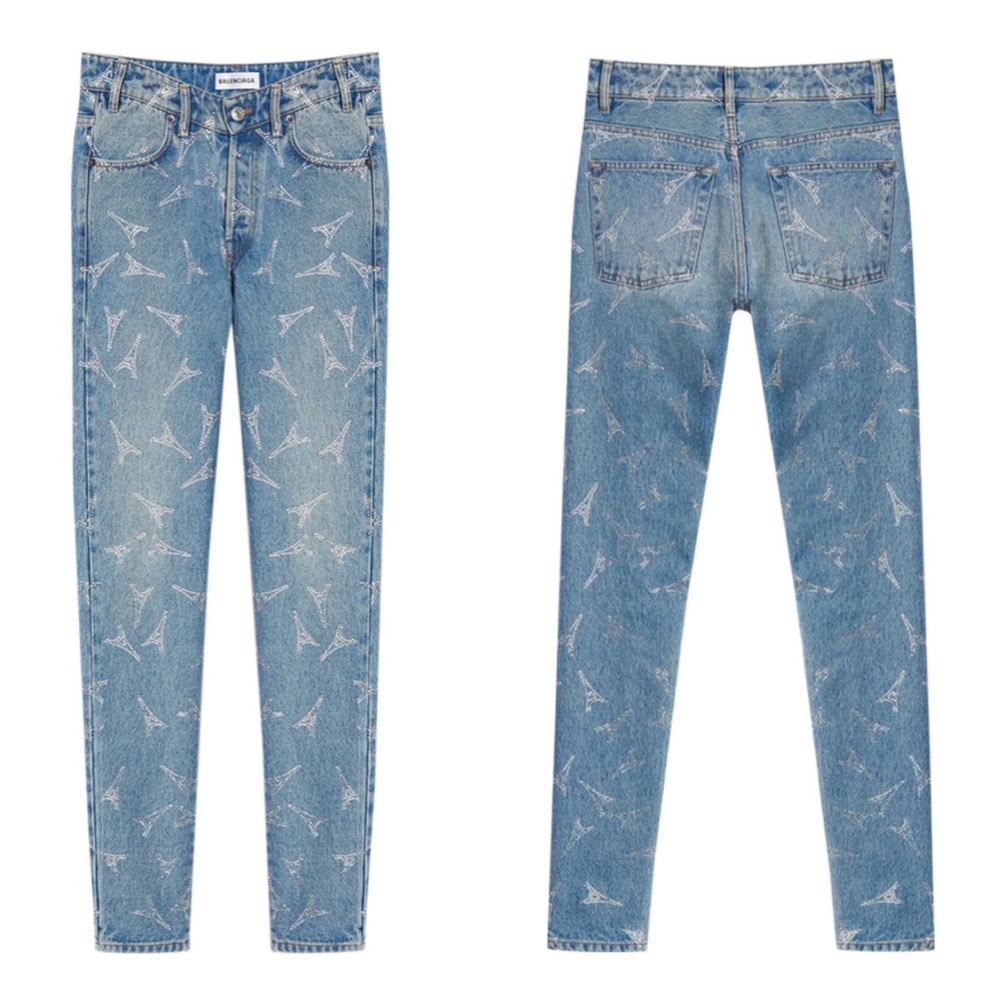 Balenciaga Crystal Eiffel Tower V-neck Denim Jeans in Blue - Picture 3 of 17